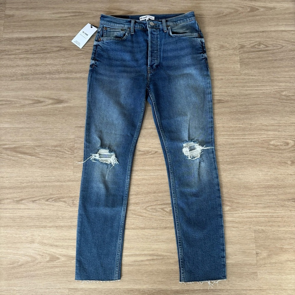 NWT re/done dark blue wash high waisted rise straight distressed denim jeans